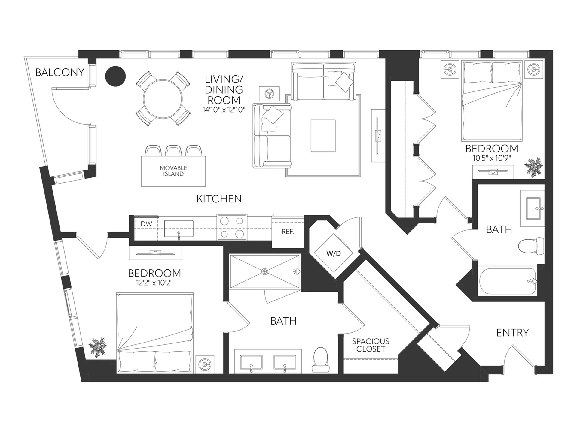 Modern floor plan showcasing two bedrooms, expansive living and dining area, sleek kitchen with movable island, and private balcony.