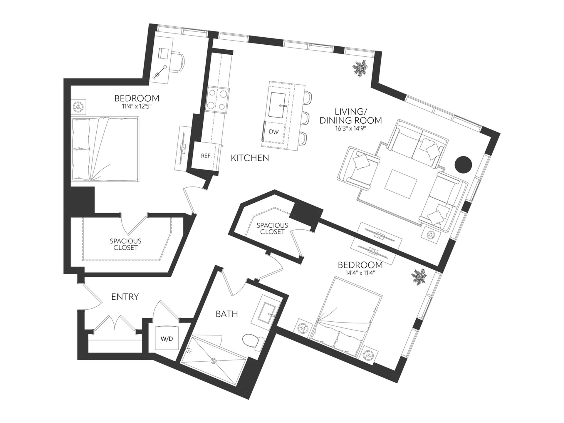 Modern floor plan showcasing 2 bedrooms, spacious closets, open-plan living and dining area, and a well-appointed kitchen.