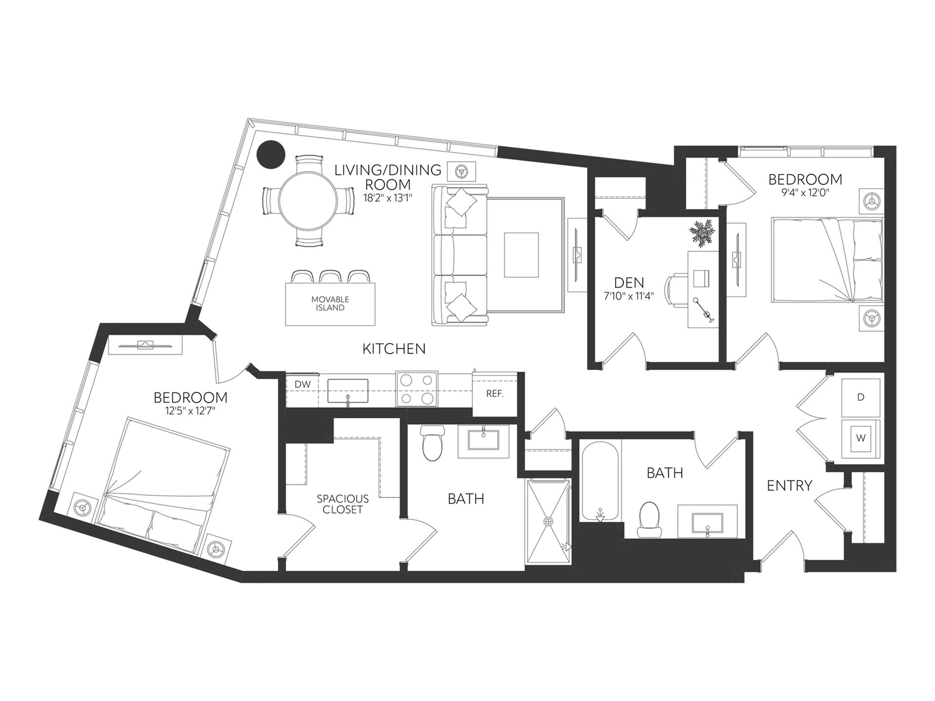 Elegant floor plan showcasing 2 bedrooms, a den, and a spacious living/dining area with open kitchen and movable island.