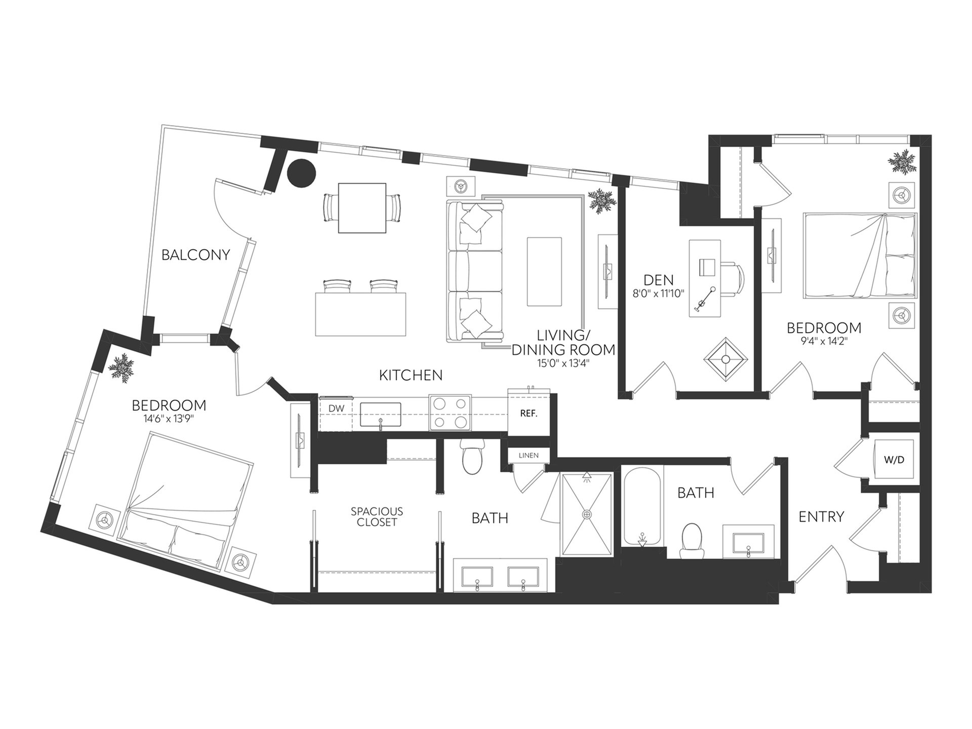Elegant floor plan showcasing 2 bedrooms, a modern kitchen, and a versatile den with a private balcony.