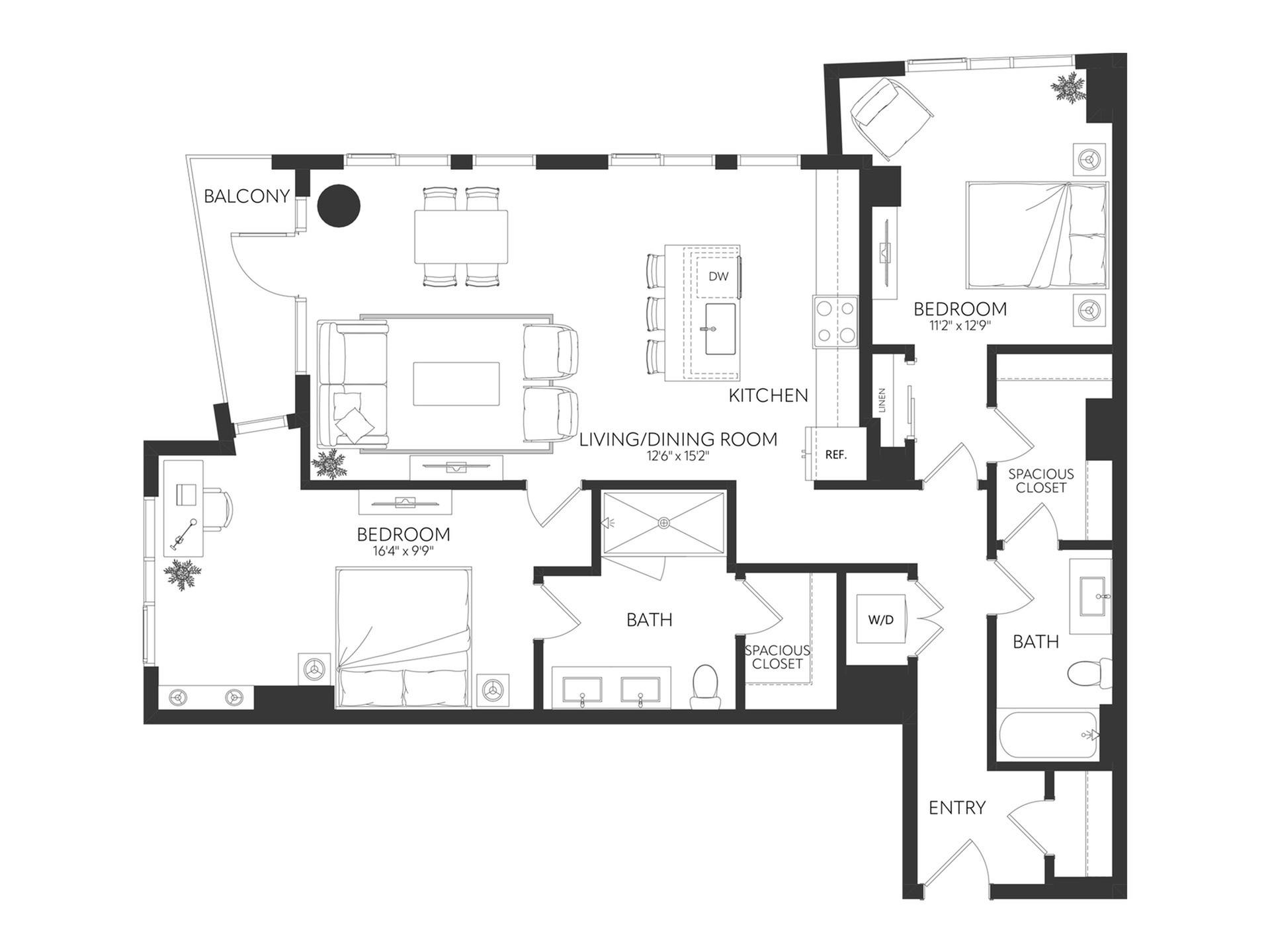 Elegant floor plan showcasing 3 bedrooms, open living and dining area, modern kitchen, and a private balcony.