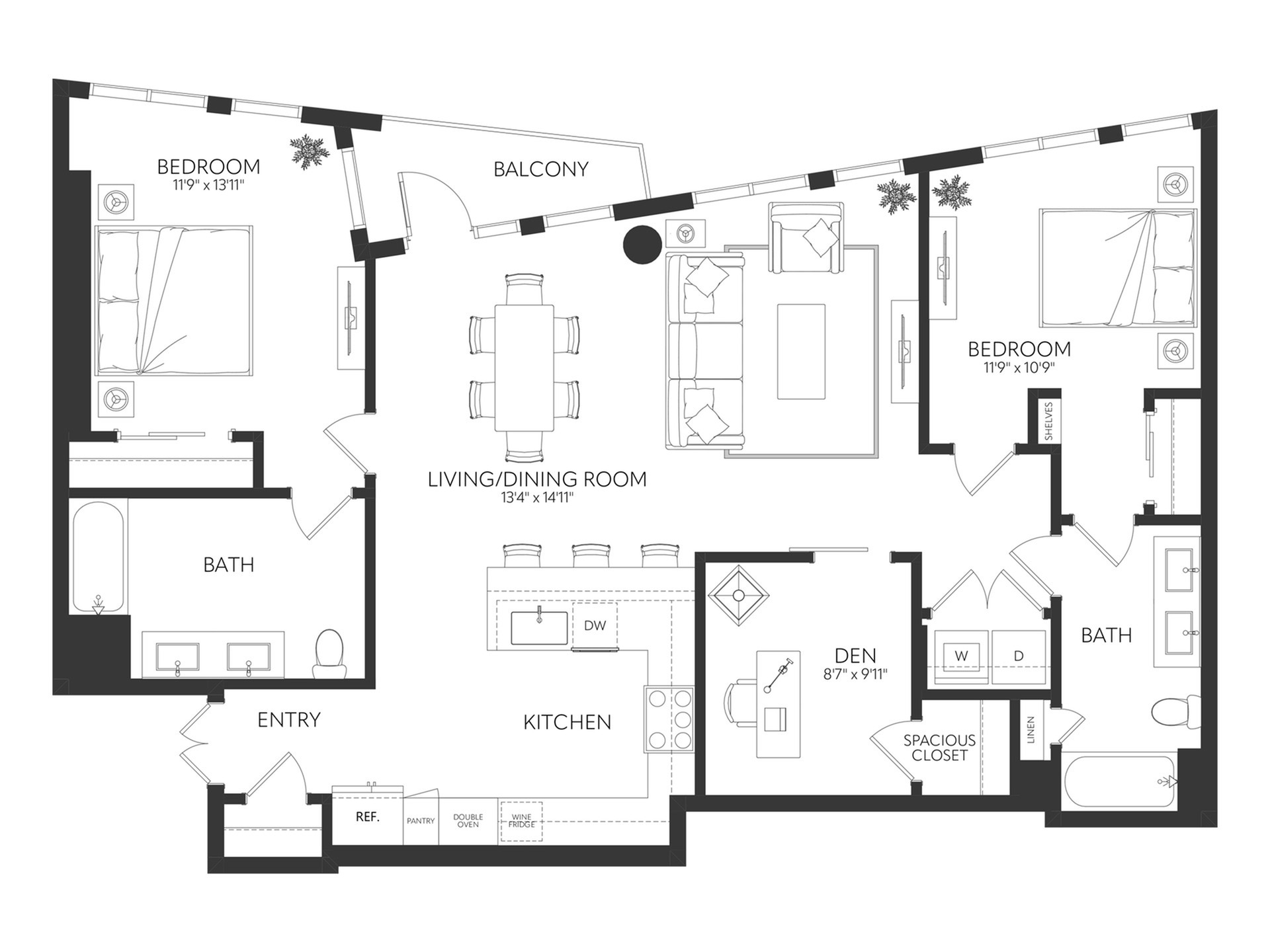 Luxurious floor plan featuring two spacious bedrooms, open living/dining area leading to a balcony, modern kitchen, two baths, and a versatile den.