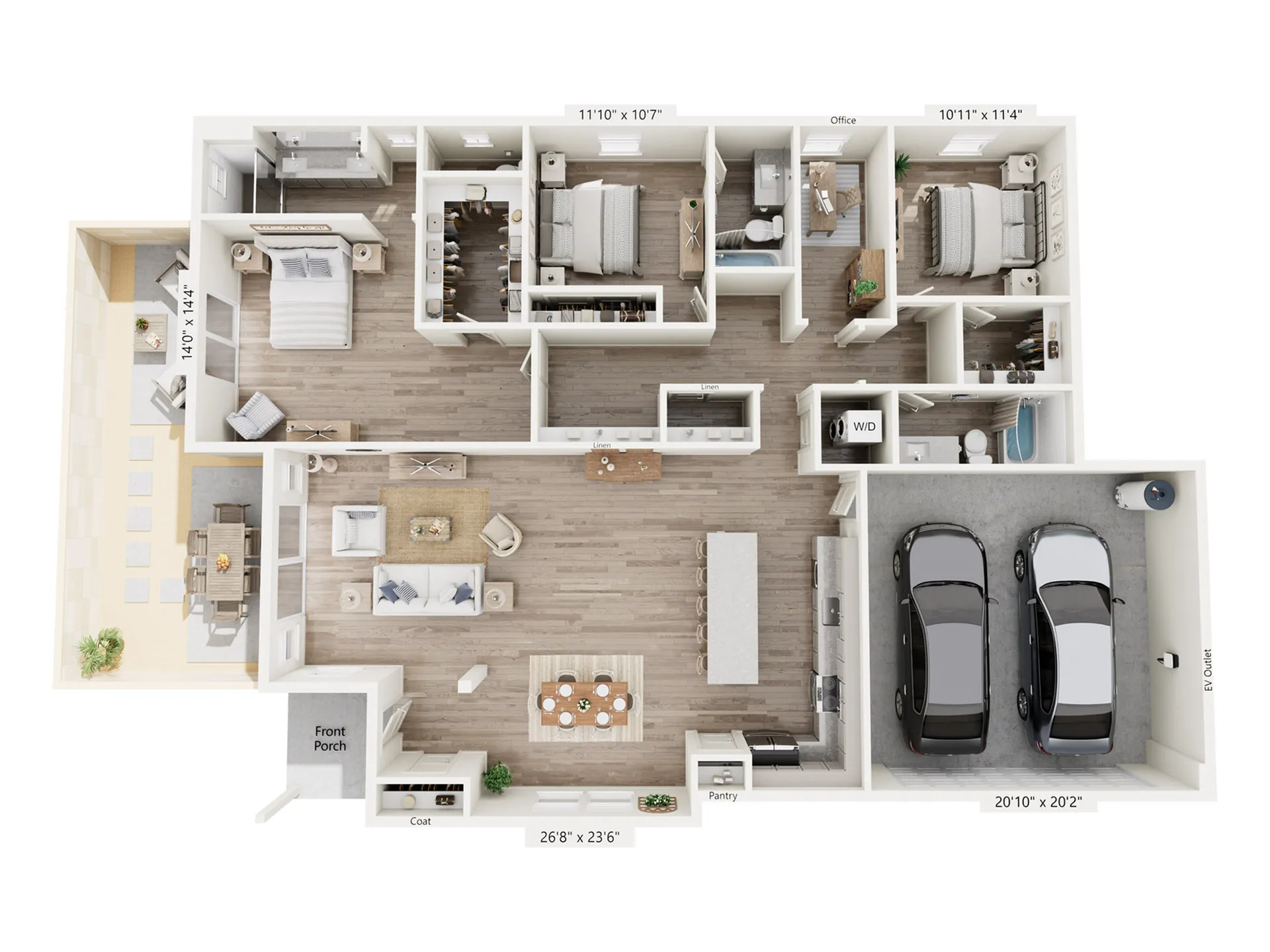 Elegant 3D floor plan showcasing a modern three-bedroom apartment with a spacious open-concept living area, stylish kitchen, cozy office, and two-car garage. Includes a charming patio, ideal for outdoor dining and relaxation.