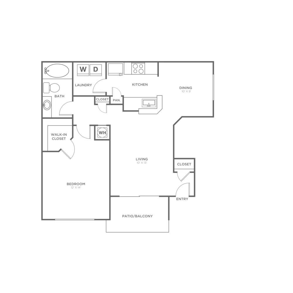Elegant 1-bedroom apartment floor plan featuring spacious living area, modern kitchen, dining space, and patio for outdoor enjoyment.
