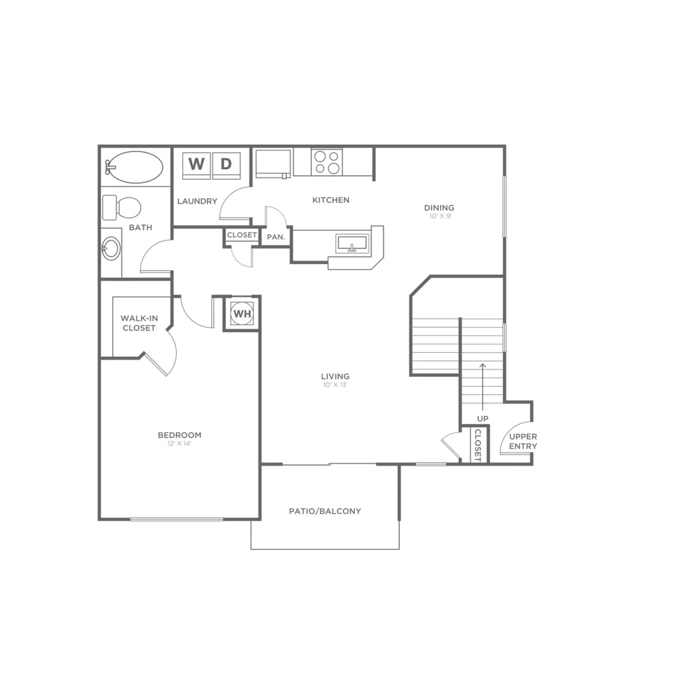 Elegant floor plan showcasing a spacious bedroom with walk-in closet, modern kitchen with dining area, cozy living room, and a patio/balcony, perfectly designed for comfort and style.