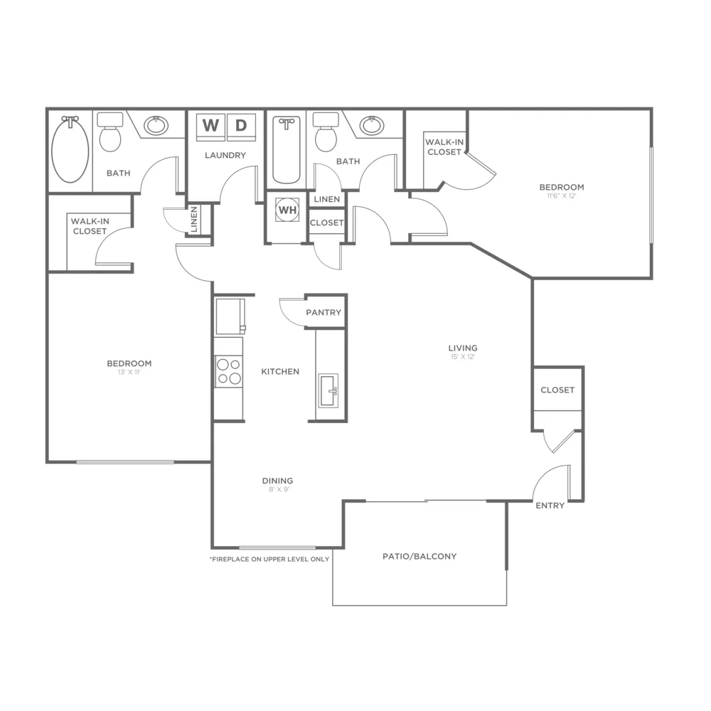 Contemporary floor plan featuring 2 bedrooms with walk-in closets, 2 bathrooms, an open kitchen with pantry, spacious living and dining areas, and a patio/balcony.