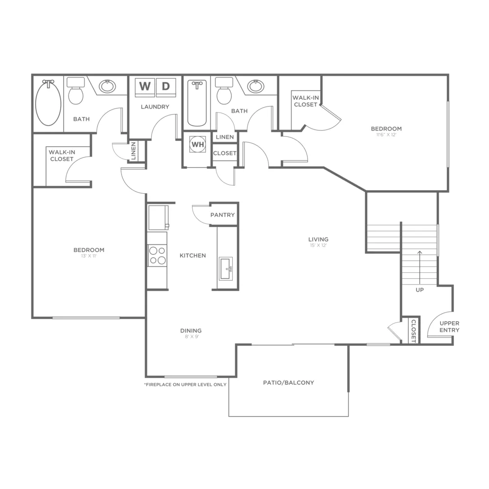 Elegant floor plan showcasing two spacious bedrooms, modern kitchen with pantry, inviting living area, and a private patio/balcony.