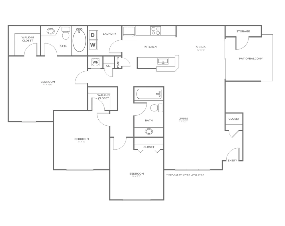 Elegant apartment floor plan showcasing 3 bedrooms with walk-in closets, open living and dining area, modern kitchen, two bathrooms, and a patio with storage.