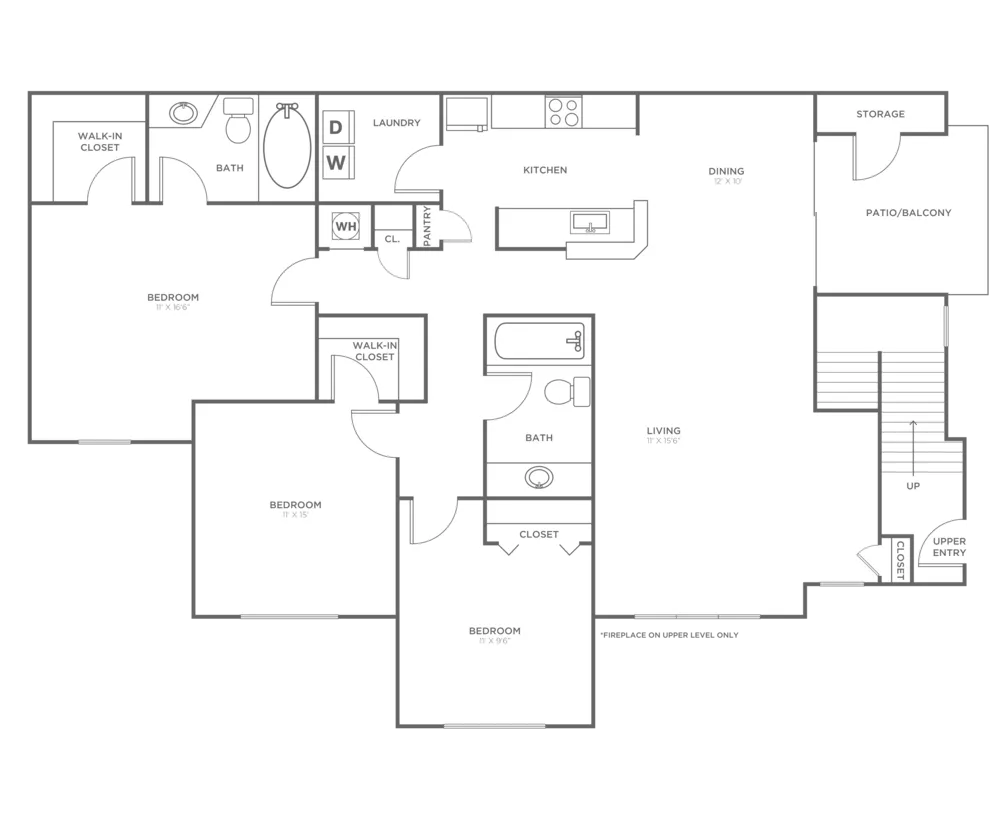 Spacious 3-bedroom floor plan featuring an open kitchen, dining area, two bathrooms, and a patio/balcony with additional storage.