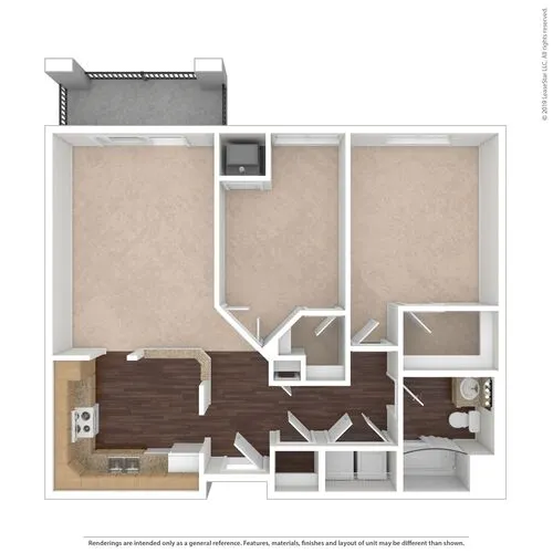Modern floor plan with two bedrooms, a spacious balcony, open-concept kitchen and living room, plus a sleek bathroom.