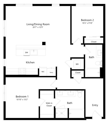 Elegant floor plan featuring 2 bedrooms, open living/dining area, modern kitchen, and 2 bathrooms with a walk-in closet.