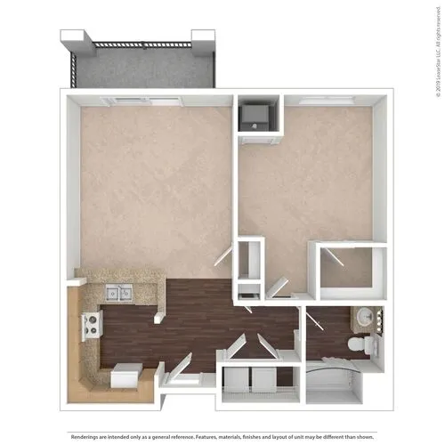 Modern apartment layout featuring a spacious bedroom, cozy kitchen with wood flooring, and stylish bathroom, complete with a private balcony.