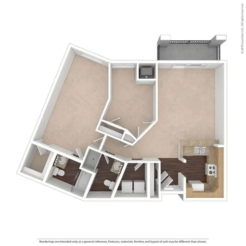 Modern 3D floor plan showcasing two bedrooms, an open-concept kitchen with dining area, and a cozy living space with balcony access.