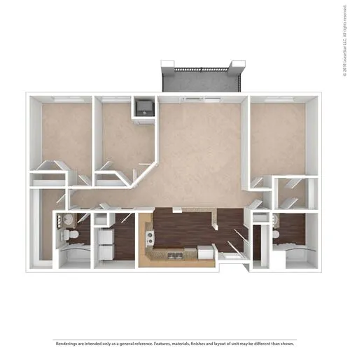 Spacious 3-bedroom floor plan with open living and dining area, modern kitchen, and two bathrooms.
