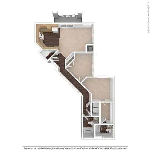 Modern floor plan showcasing a unique angular layout with a spacious kitchen, bright living area, two cozy bedrooms, and two well-appointed bathrooms.