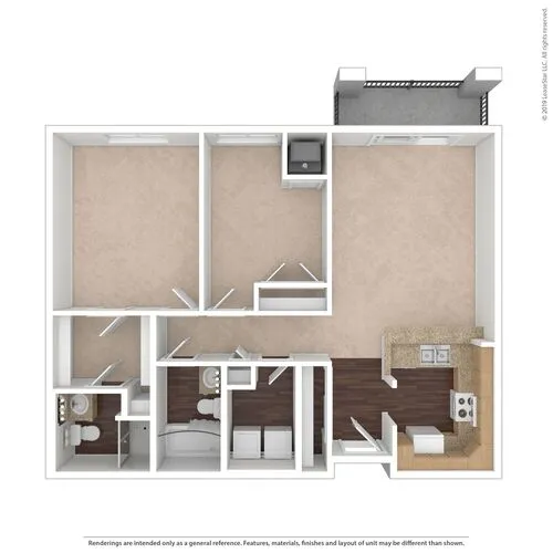 Modern floor plan showcasing 3 bedrooms, 2 bathrooms, and an elegant open kitchen with adjacent living area.