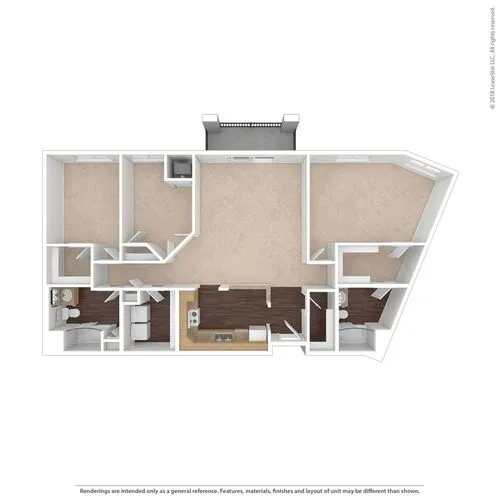Modern 3D floor plan showcasing 3 bedrooms, an open-concept living area, and a sleek kitchen, perfect for spacious living.
