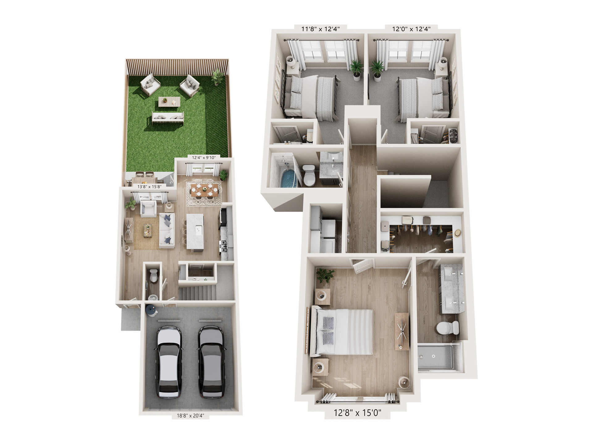 Charming 3D floor plan showcasing a modern 3-bedroom layout with open-concept living, gourmet kitchen, cozy backyard, and double garage.