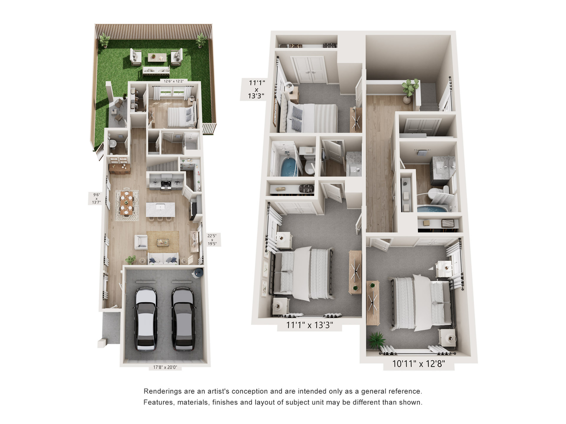 Chic 3D floor plan showcasing two-story layout with three bedrooms, a lush backyard, open-concept living and dining area, and a two-car garage.
