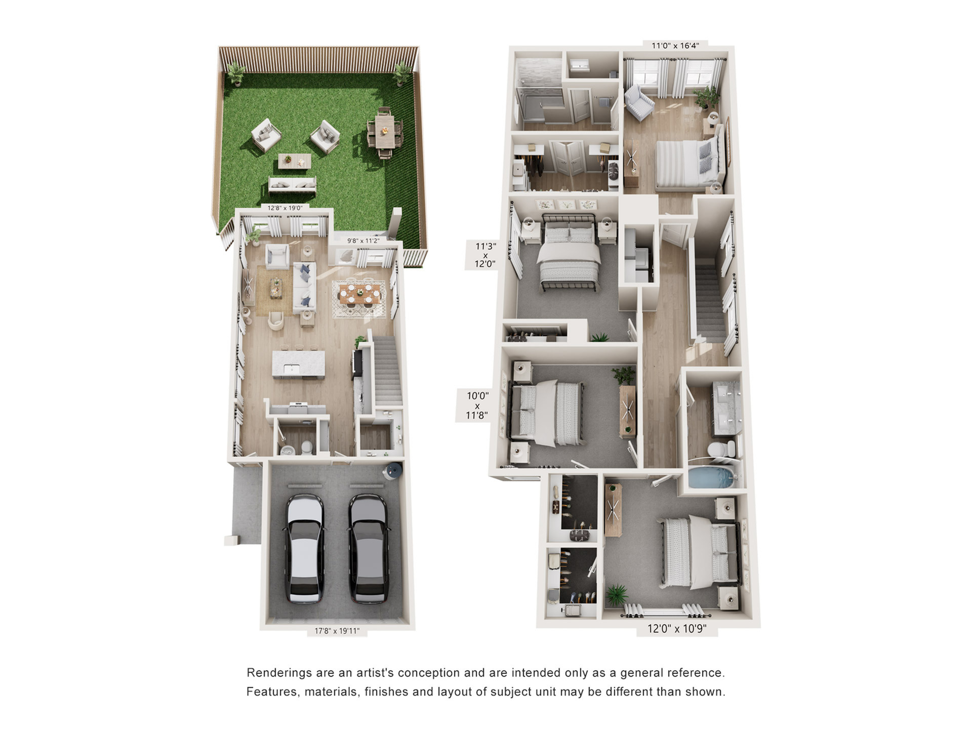 Elegant 3D floor plan showcasing 3 spacious bedrooms, a modern open-concept living area, dining space, and a lush patio garden with outdoor seating.