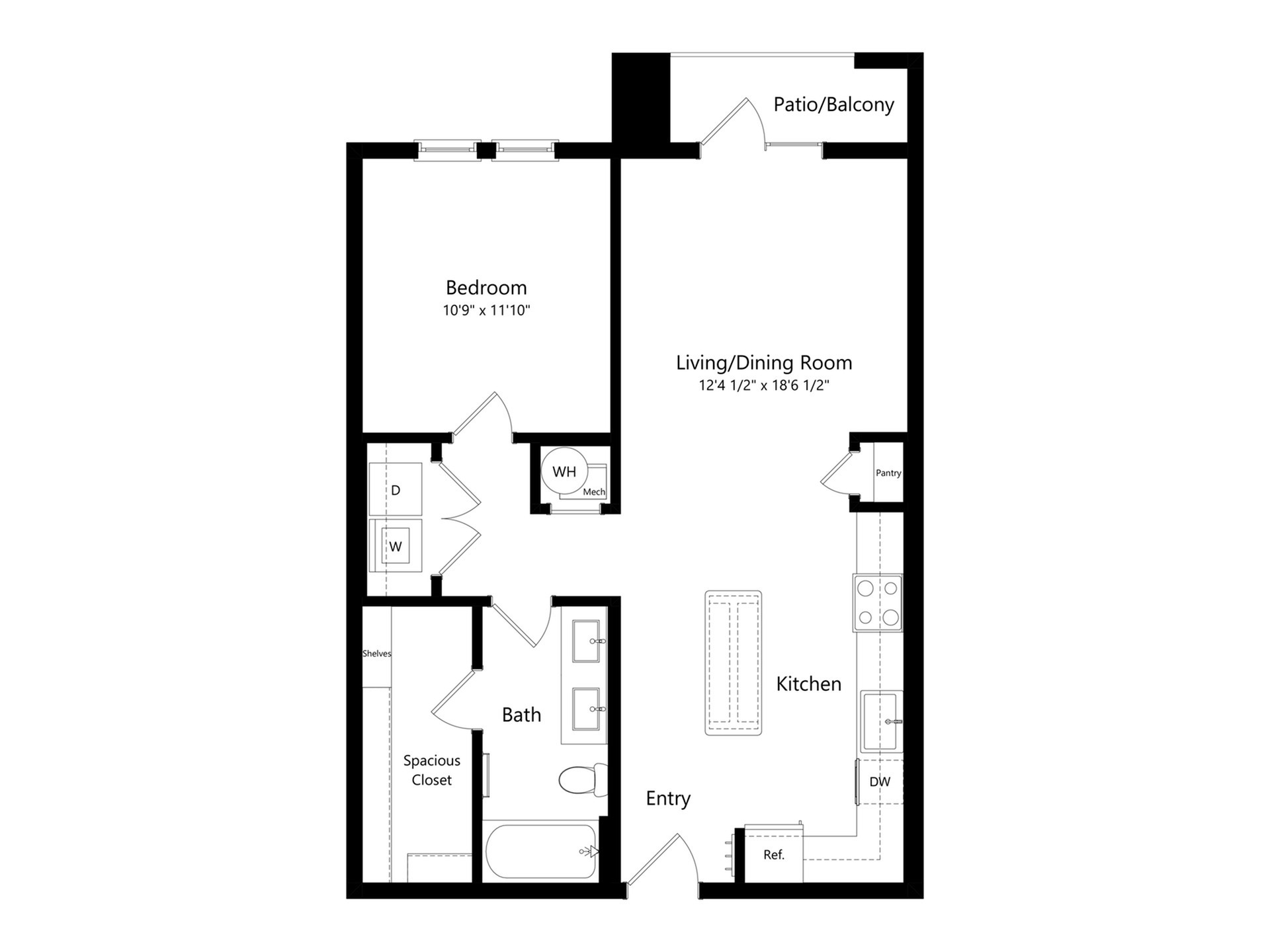 Modern floor plan with a spacious bedroom, open living and dining area, and a versatile kitchen featuring a convenient pantry and patio access.