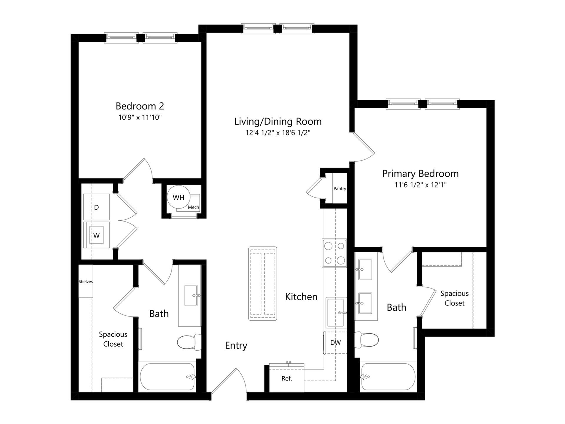Modern floor plan showcasing 2 bedrooms, open concept living/dining room, and a sleek kitchen with island, perfect for stylish living.