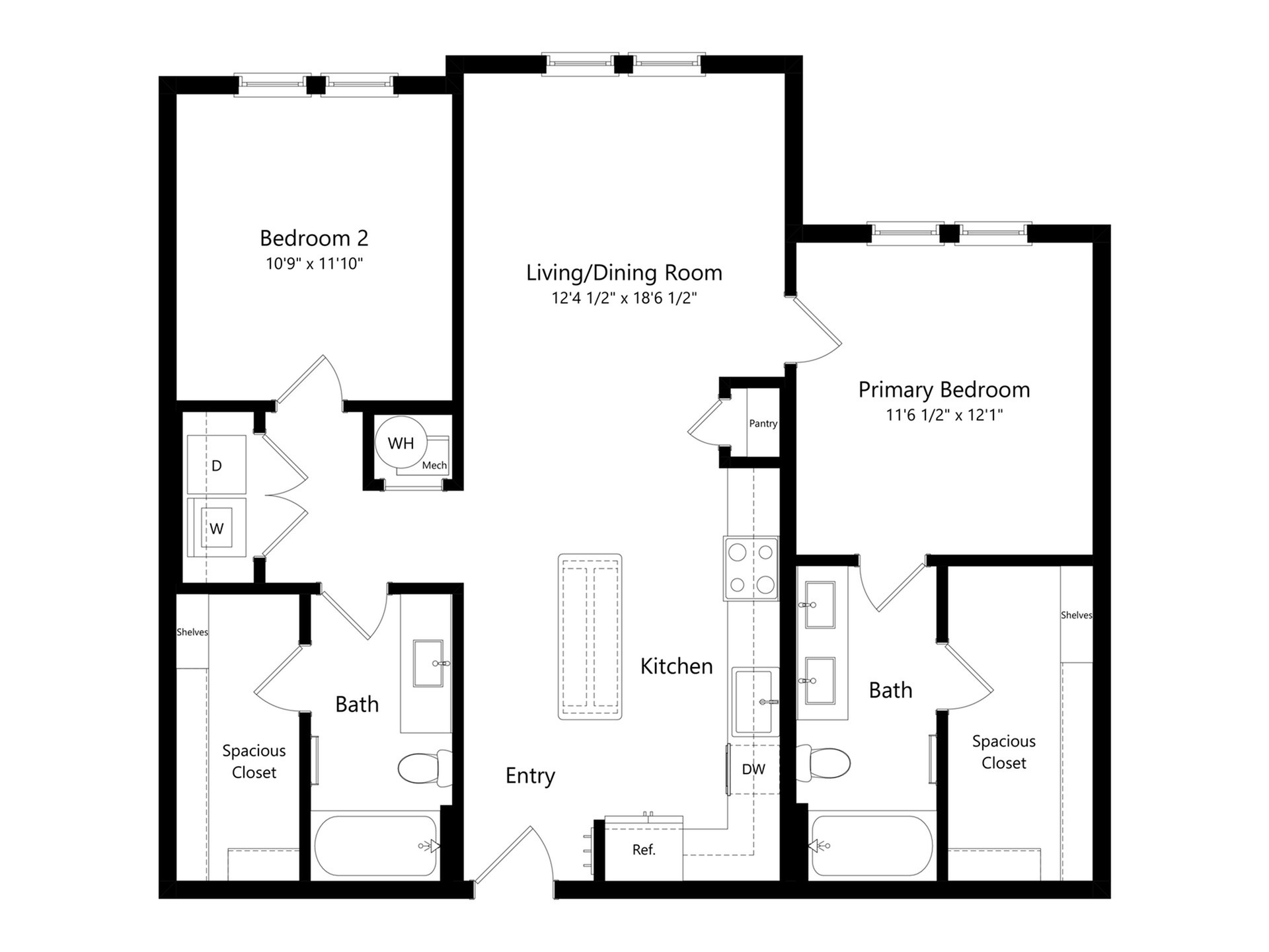 Modern floor plan showcasing 2 bedrooms, spacious living/dining area, and a stylish kitchen.
