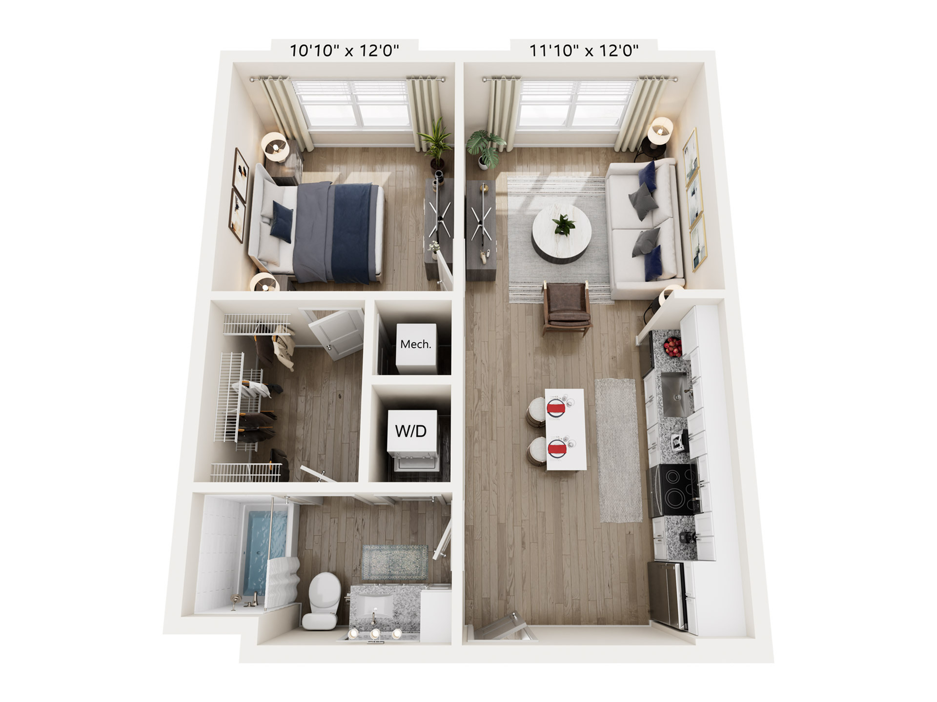 Elegant 3D floor plan showcasing a cozy 1-bedroom apartment with an open living area, modern kitchen, and spacious bathroom.