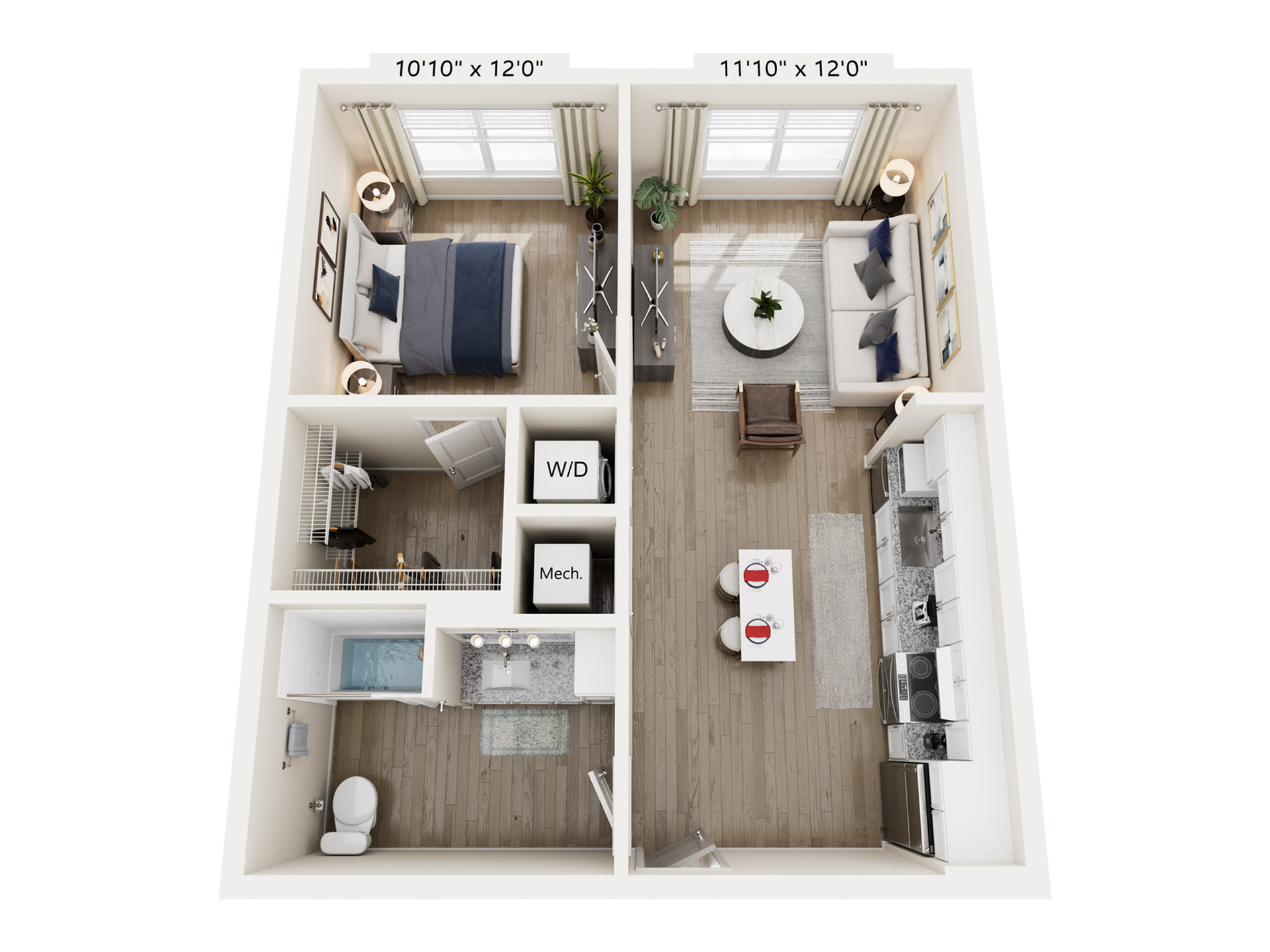 Modern 3D floor plan showcasing a cozy one-bedroom apartment with an open-concept living room and kitchen, stylish bathroom, and convenient in-unit washer/dryer.