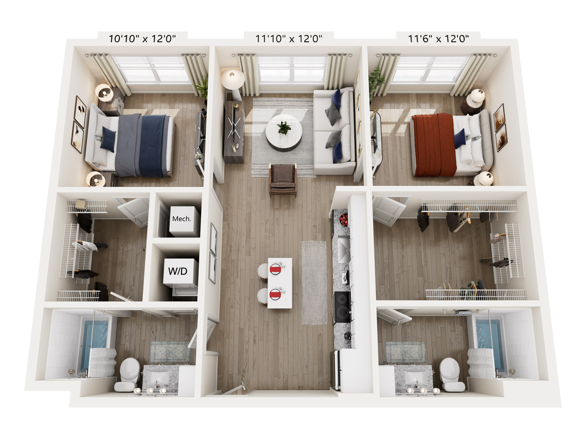 Contemporary 3-bedroom apartment floor plan featuring a cozy living room, modern kitchen with breakfast bar, two stylish bathrooms, and spacious closets.