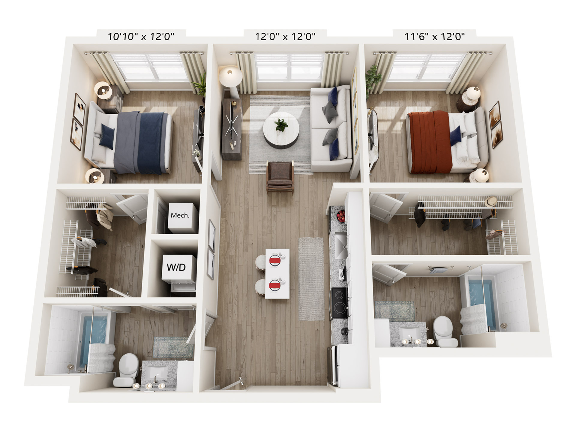 Modern 3D floor plan showcasing 2 cozy bedrooms, inviting living area, chic kitchen, and bathrooms, complete with a convenient washer and dryer.