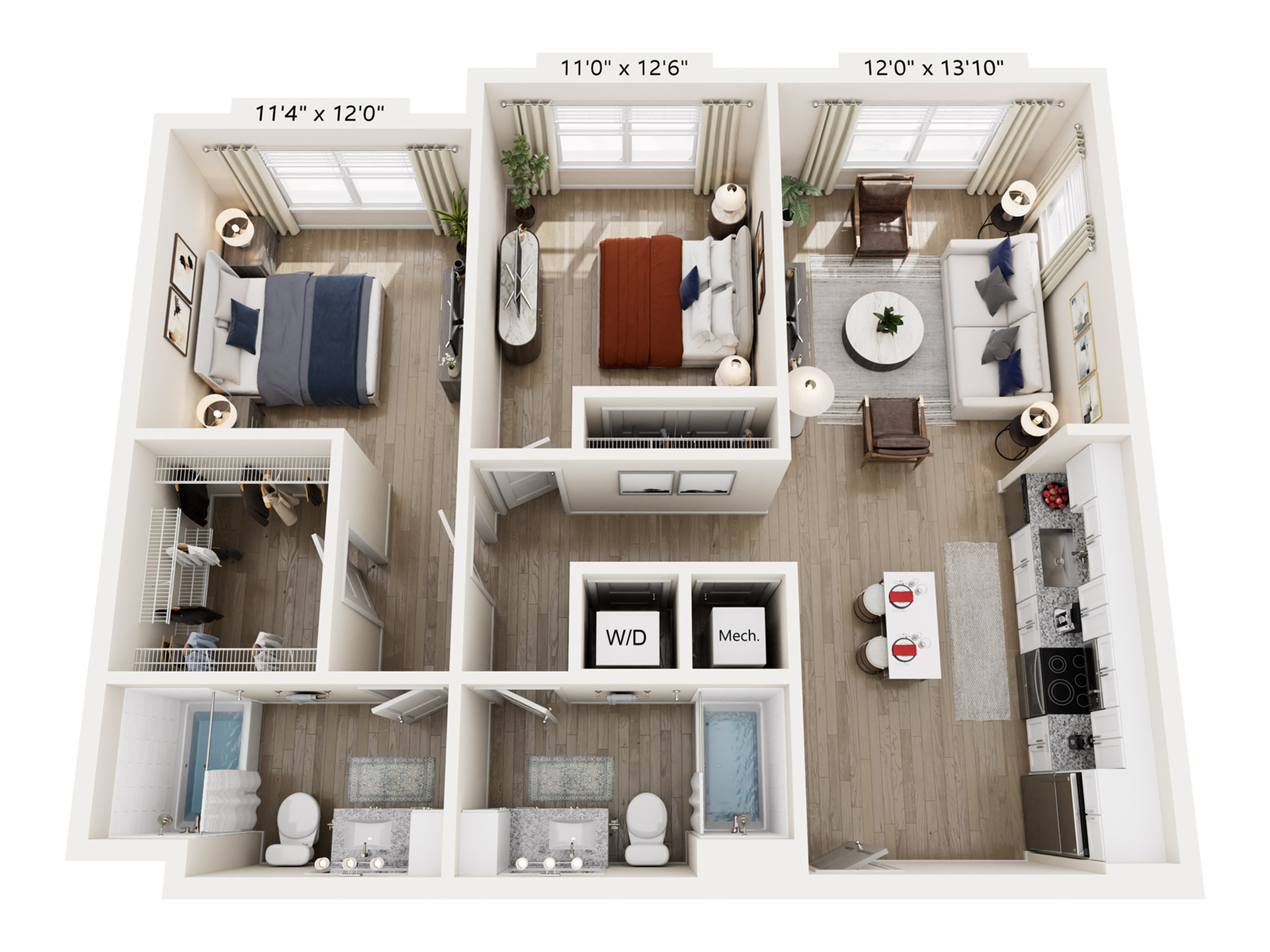 Modern 3D floor plan showcasing 2 elegant bedrooms, a cozy living room, stylish kitchen, and 2 sleek bathrooms.