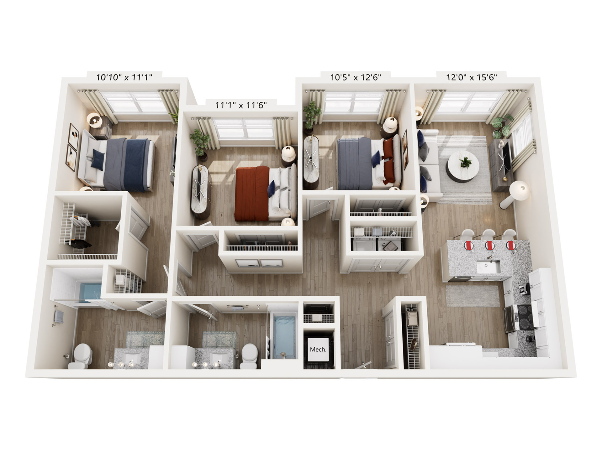 Modern 3D floor plan showcasing 3 bedrooms, open-concept living area, and sleek kitchen with island bar.