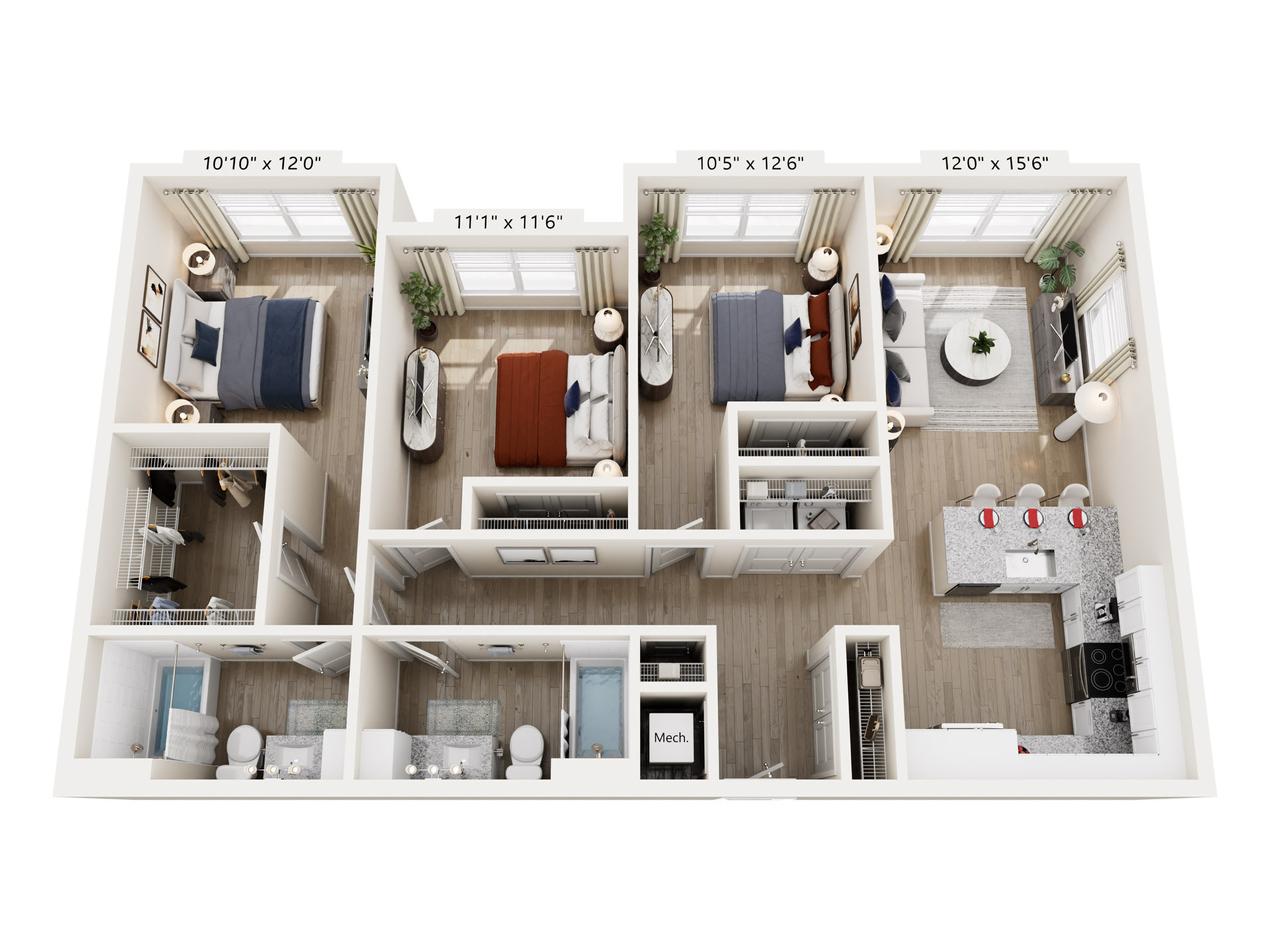Modern 3D floor plan showcasing 3 spacious bedrooms, 2 elegant bathrooms, an open-concept living and dining area, and a sleek kitchen with a breakfast bar.