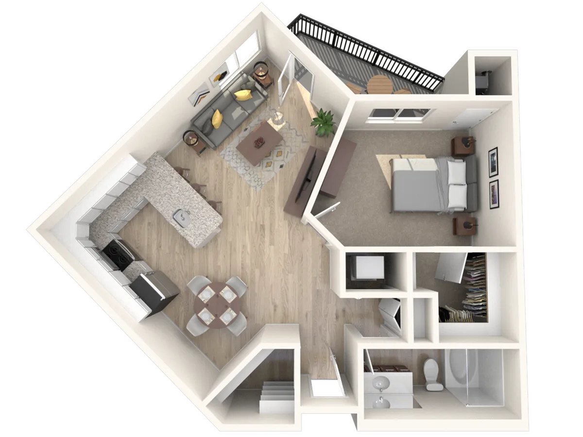 Modern floor plan displaying a cozy one-bedroom apartment with open-concept kitchen and living area, spacious balcony, and elegant bathroom.