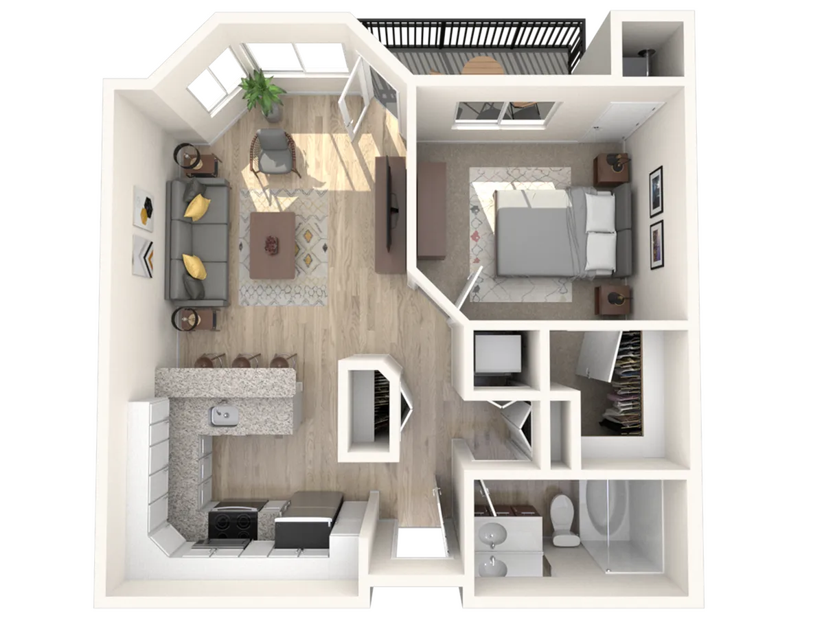 Charming 3D floor plan of a cozy one-bedroom apartment featuring an open-concept living area, modern kitchen, and private balcony.