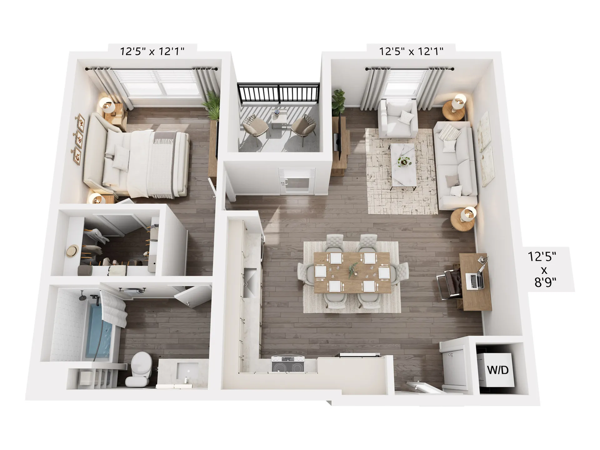 Chic 3D floor plan showcasing a spacious one-bedroom apartment with modern open-concept living and dining area, stylish kitchen, and cozy balcony.