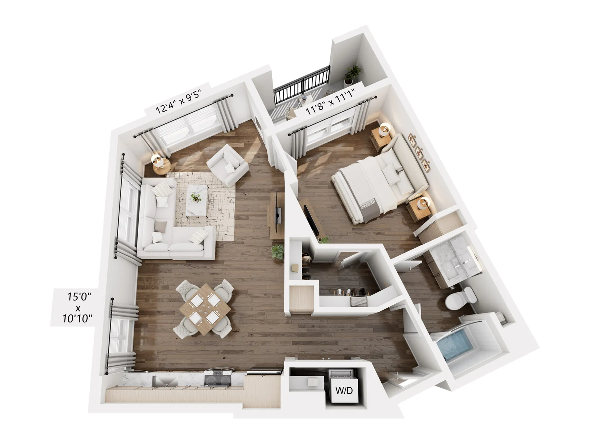 Contemporary floor plan showcasing a spacious 1 bedroom, elegant living area, modern kitchen, and a cozy dining space.