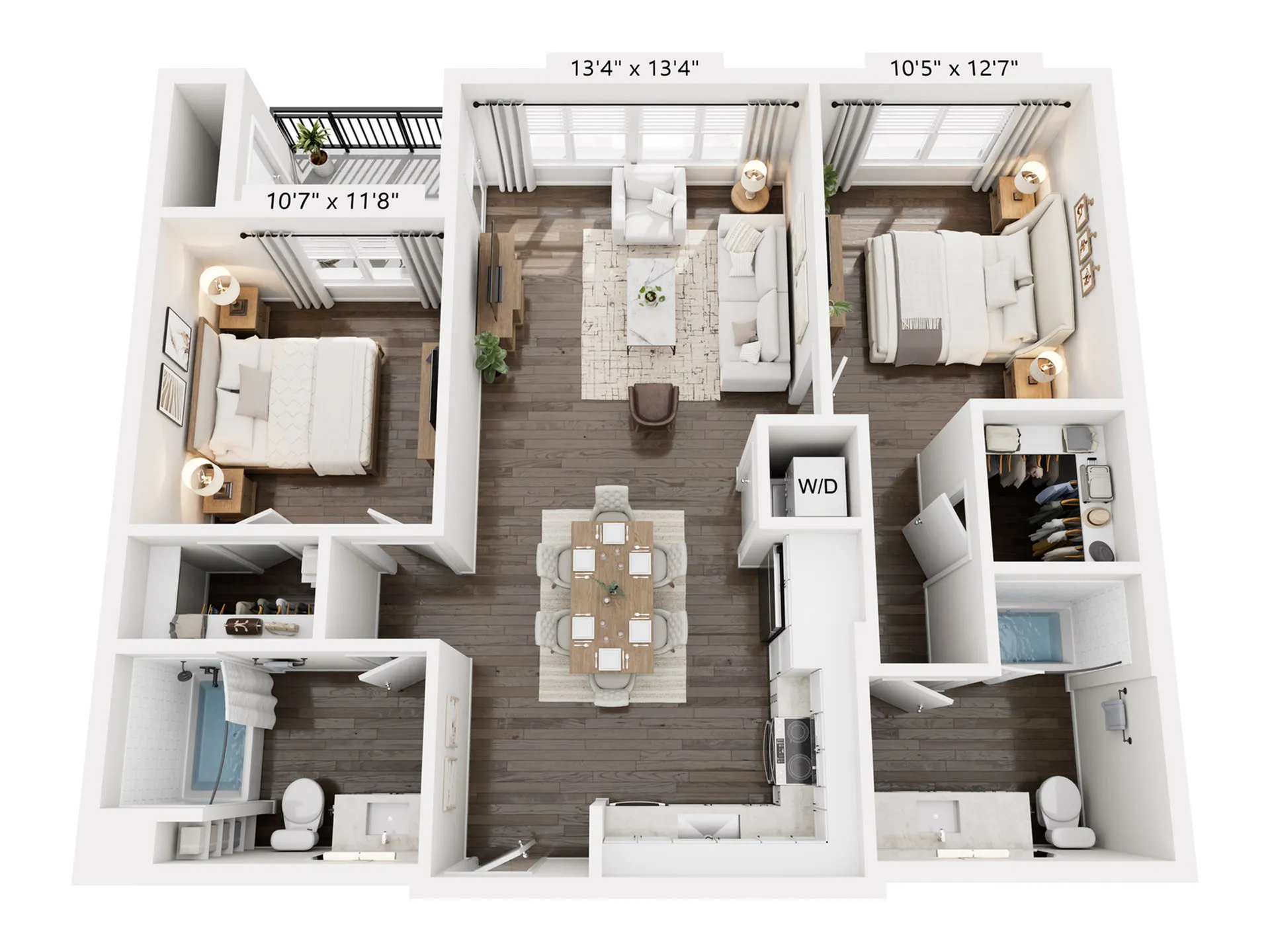 Modern 3D floor plan displaying a cozy 2-bedroom apartment with spacious living room, dining area, and well-designed kitchen. Features include two bathrooms, laundry space, and stylish decor.