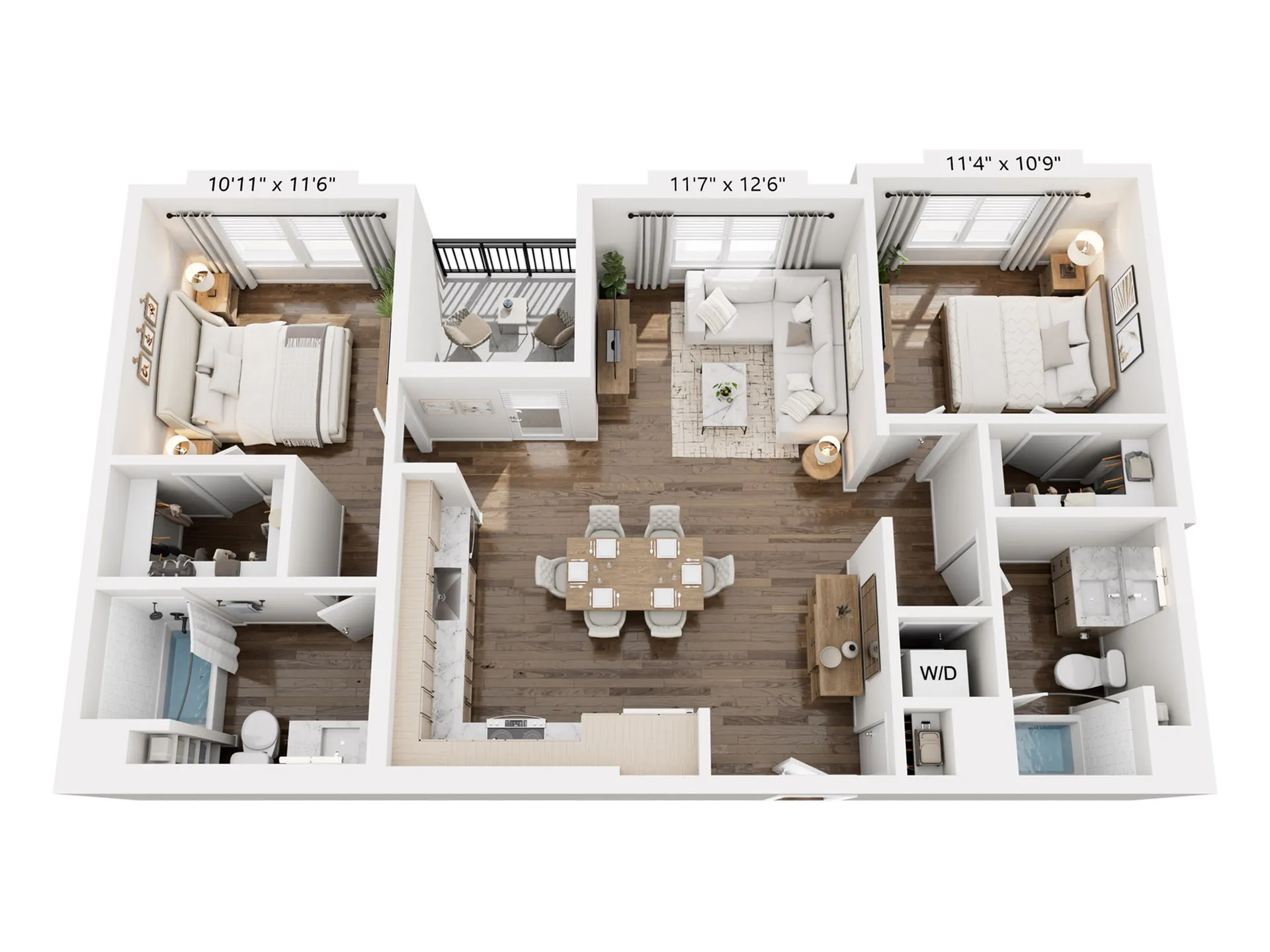 Modern 3D floor plan showcasing 2 bedrooms, elegant living room, dining area, and fully-equipped kitchen with dual bathrooms.