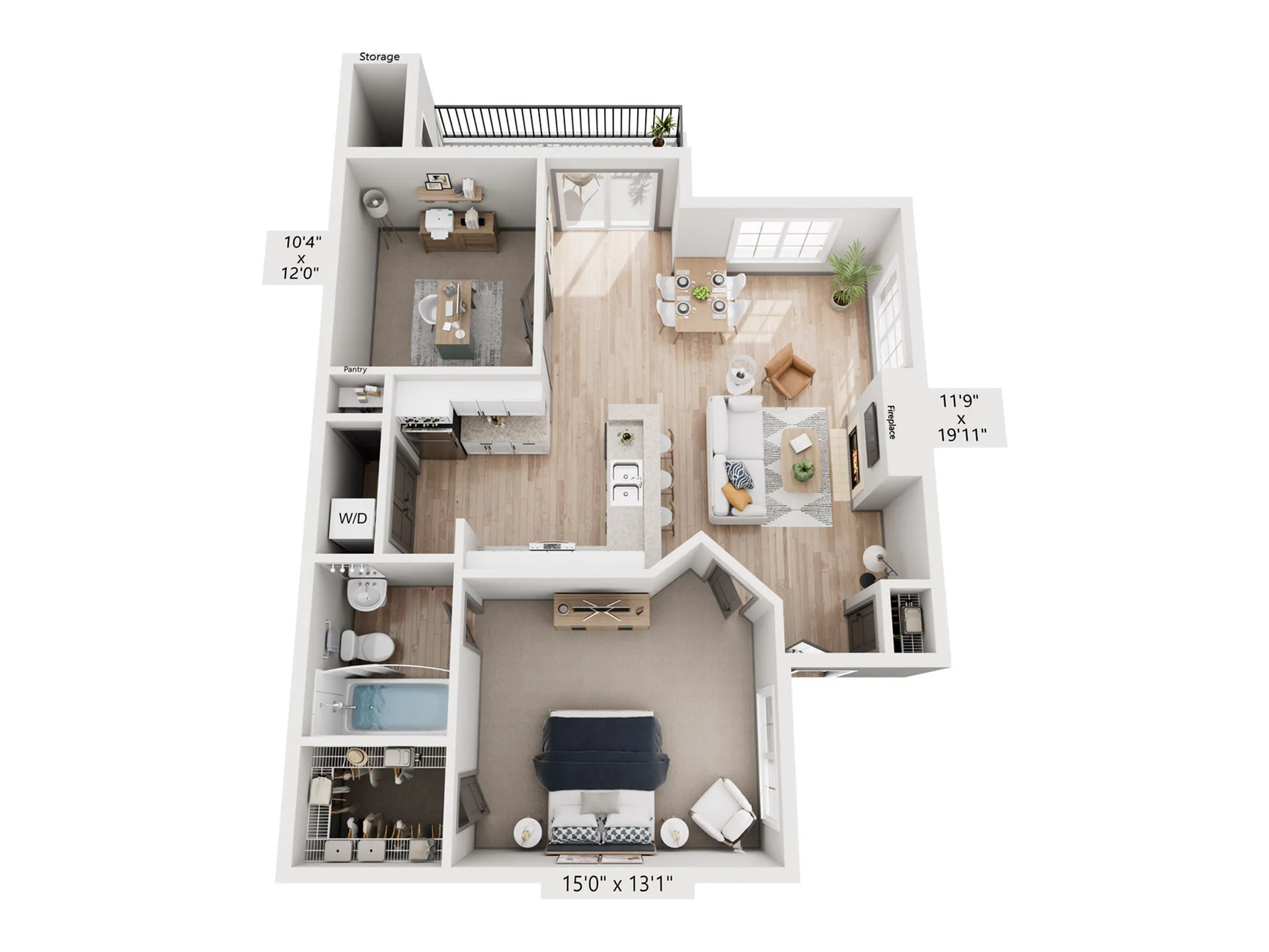Modern floor plan showcasing a spacious one-bedroom layout with open-concept living and dining area, stylish kitchen, cozy bedroom, convenient bathroom, and ample storage, complemented by natural light and refined finishes.