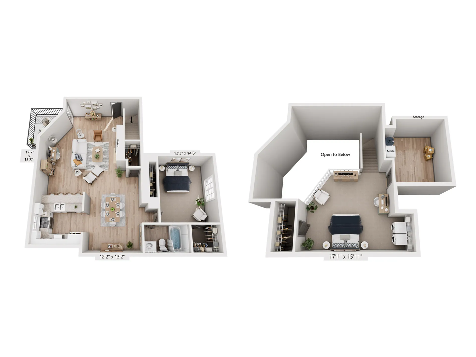 Beautiful multi-level floor plan showcasing 2 bedrooms, open-concept living area, modern kitchen, and bonus storage space.