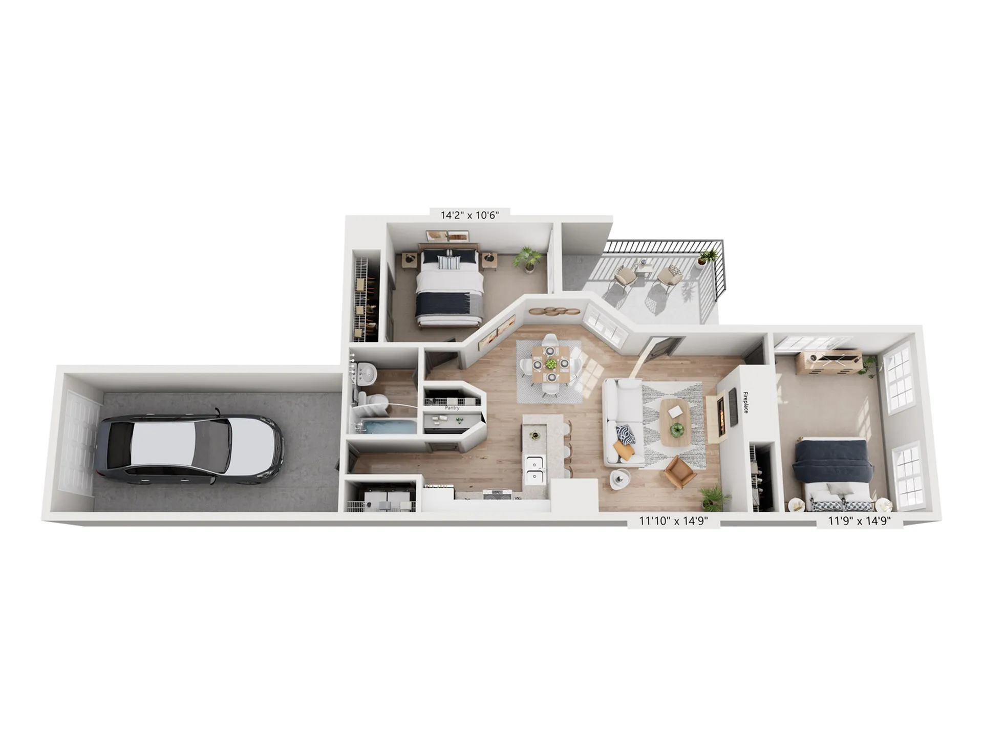 Chic 3D floor plan showcasing 2 bedrooms, open-concept living area with a cozy fireplace, modern kitchen, stylish dining space, and a balcony. Includes 1 bathroom and an attached garage.