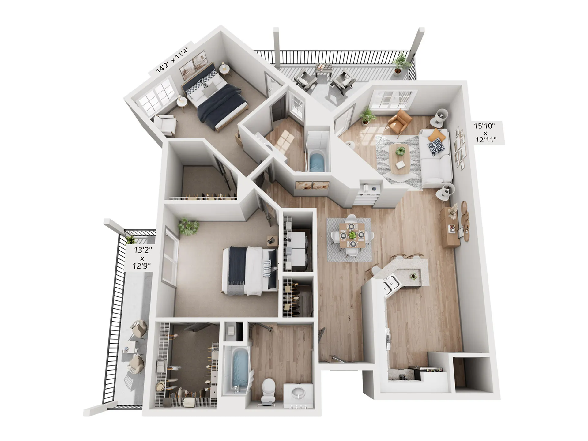 Beautiful 3D floor plan showcasing a luxurious apartment with two stylish bedrooms, a modern kitchen, and an inviting living room, complete with a cozy balcony for outdoor relaxation.