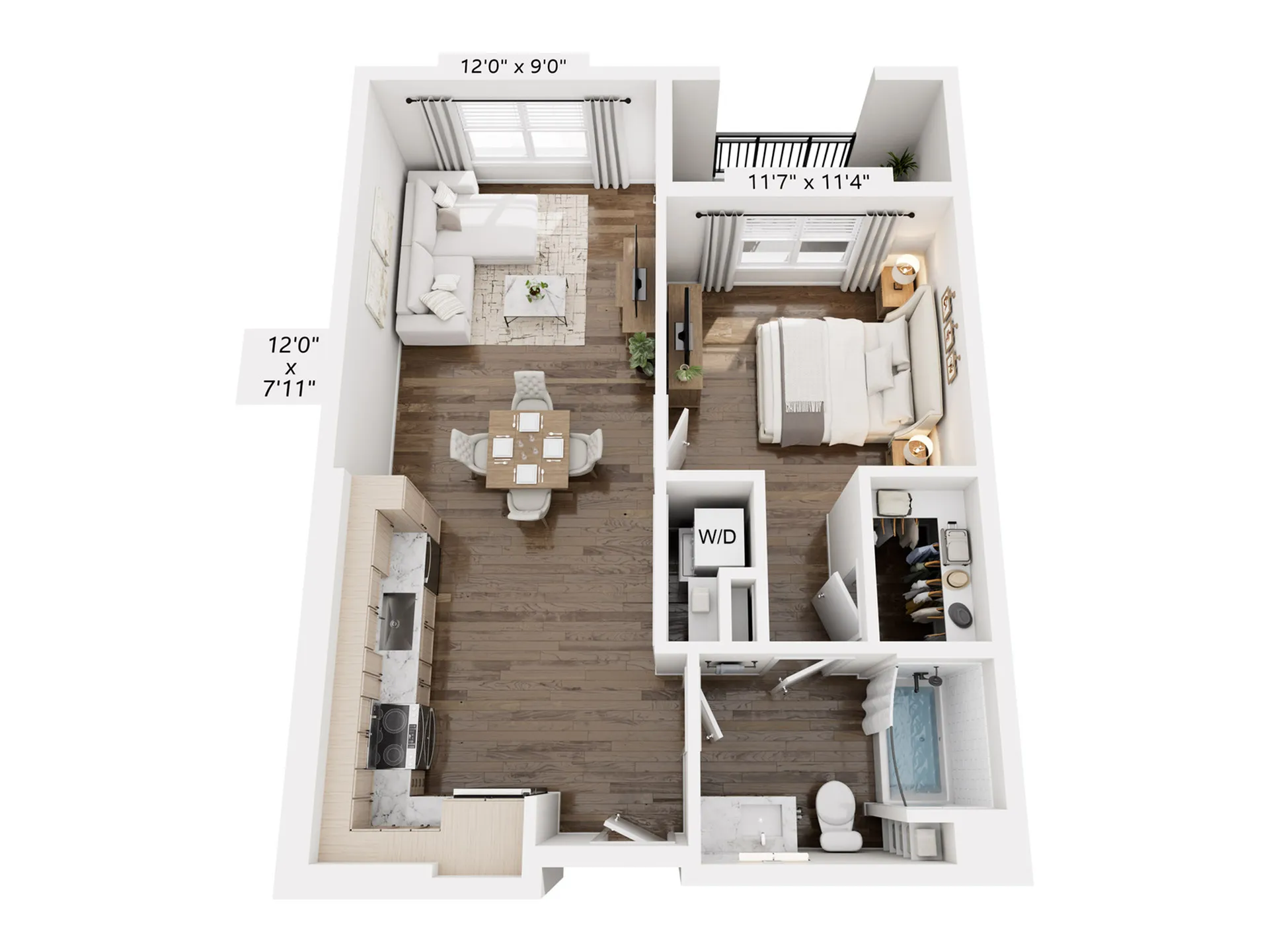 Modern 3D floor plan showcasing a cozy 1-bedroom apartment with a stylish open-concept living room, dining area, and kitchen. Features include a spacious bathroom, walk-in closet, and balcony access.