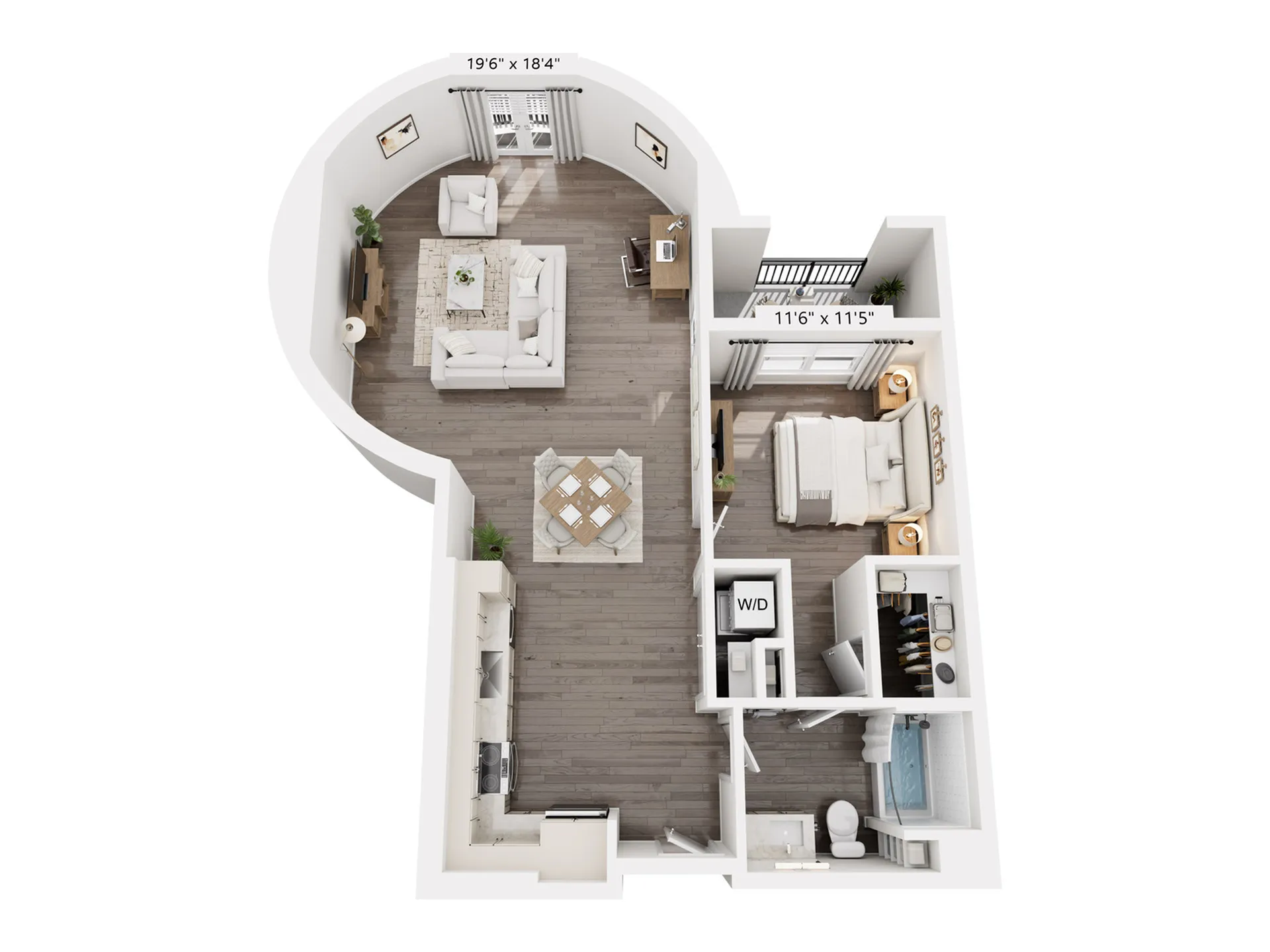 Modern 2D floor plan showcasing 1 bedroom, elegant curved living room, and sleek kitchen layout.