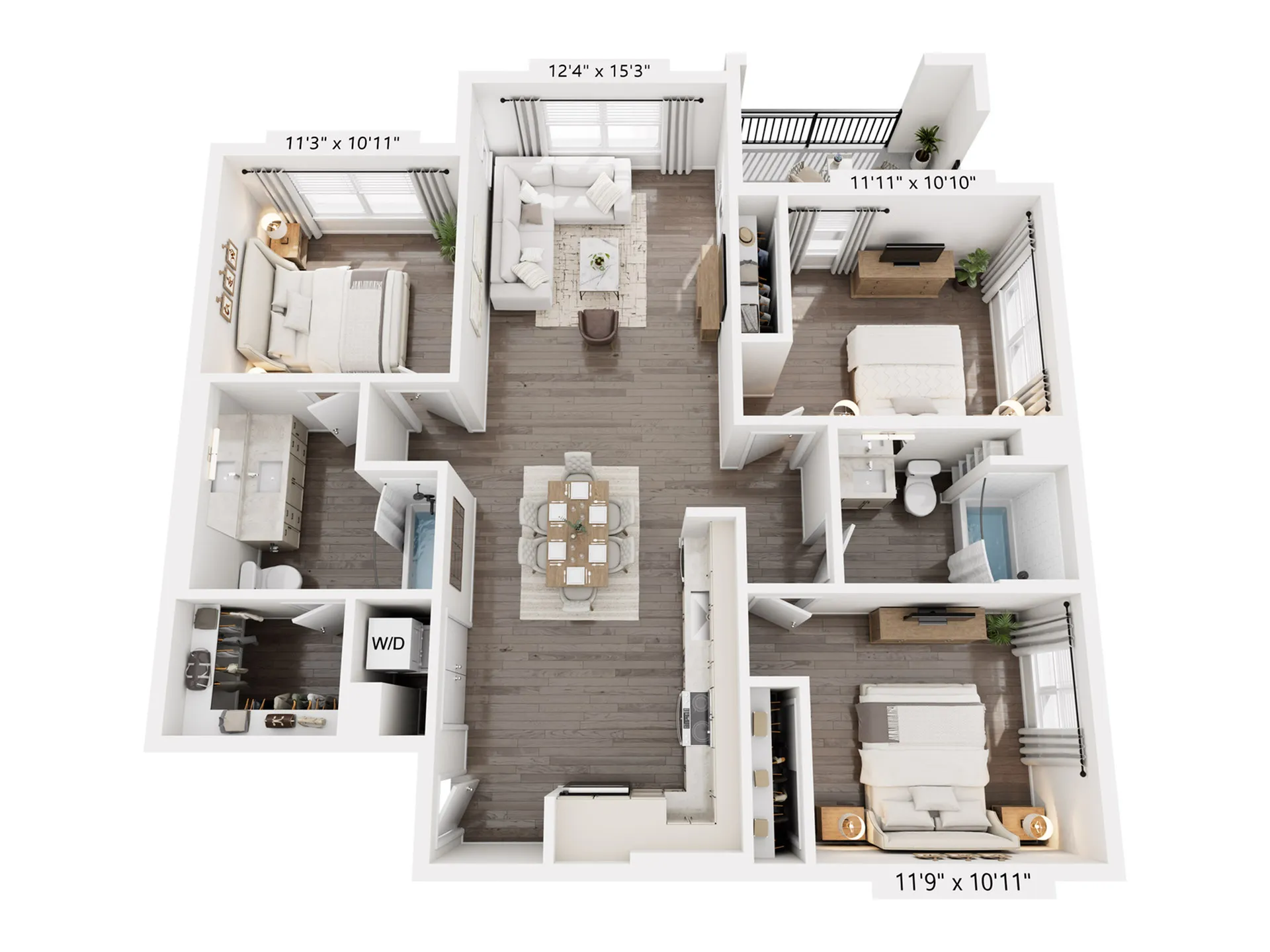 Chic and modern 3D floor plan featuring three spacious bedrooms, elegant living room, and a sleek kitchen area.