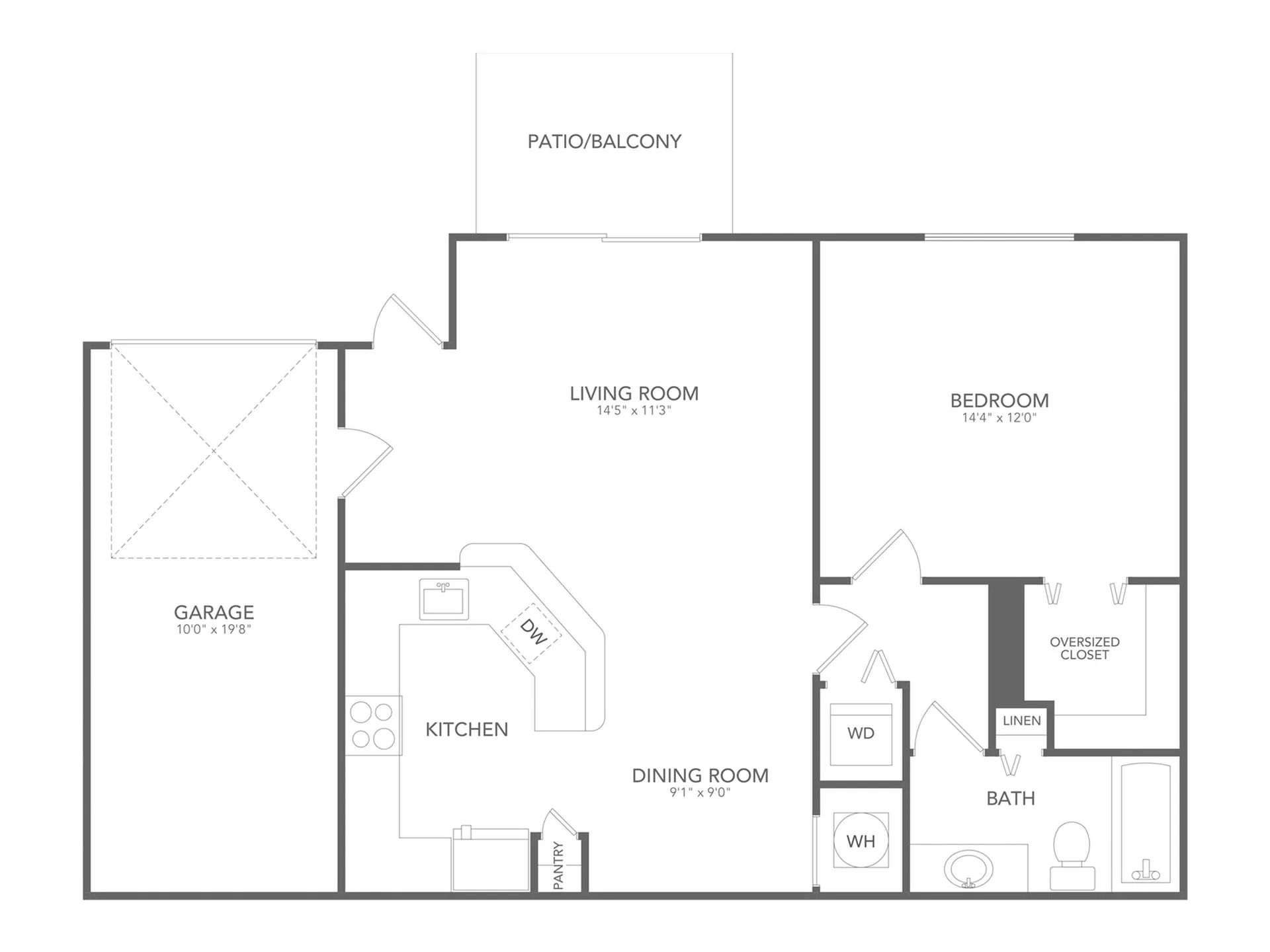 Elegant floor plan showcasing 1 bedroom, open living and dining area, cozy kitchen, spacious garage, and a charming patio.