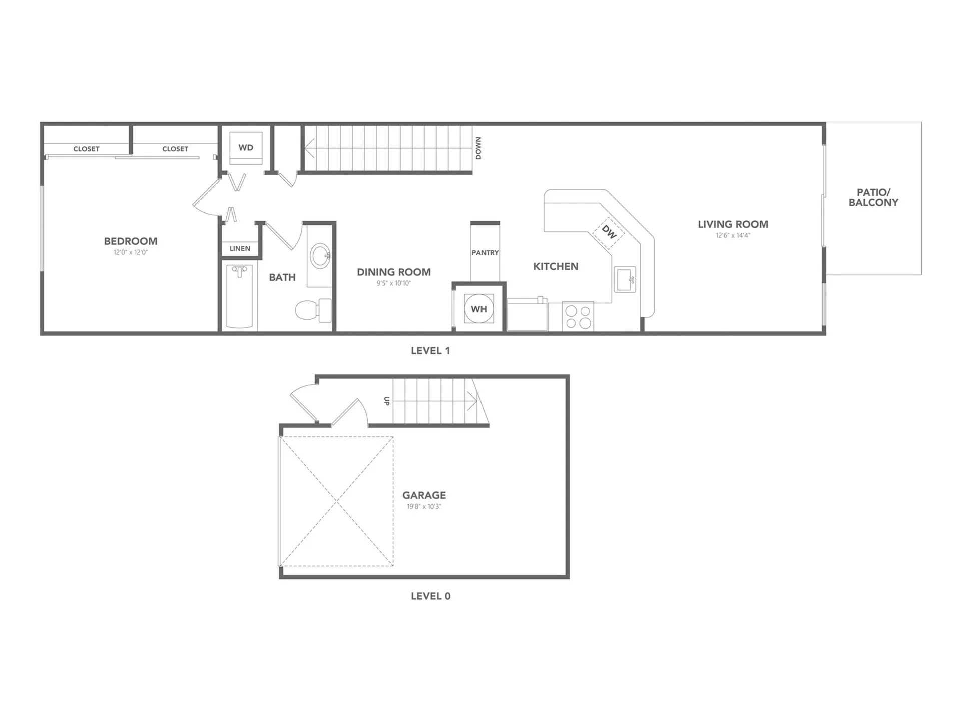 Chic multi-level floor plan with a cozy bedroom, modern kitchen, open living room, dining area, and private patio. Includes an attached garage.