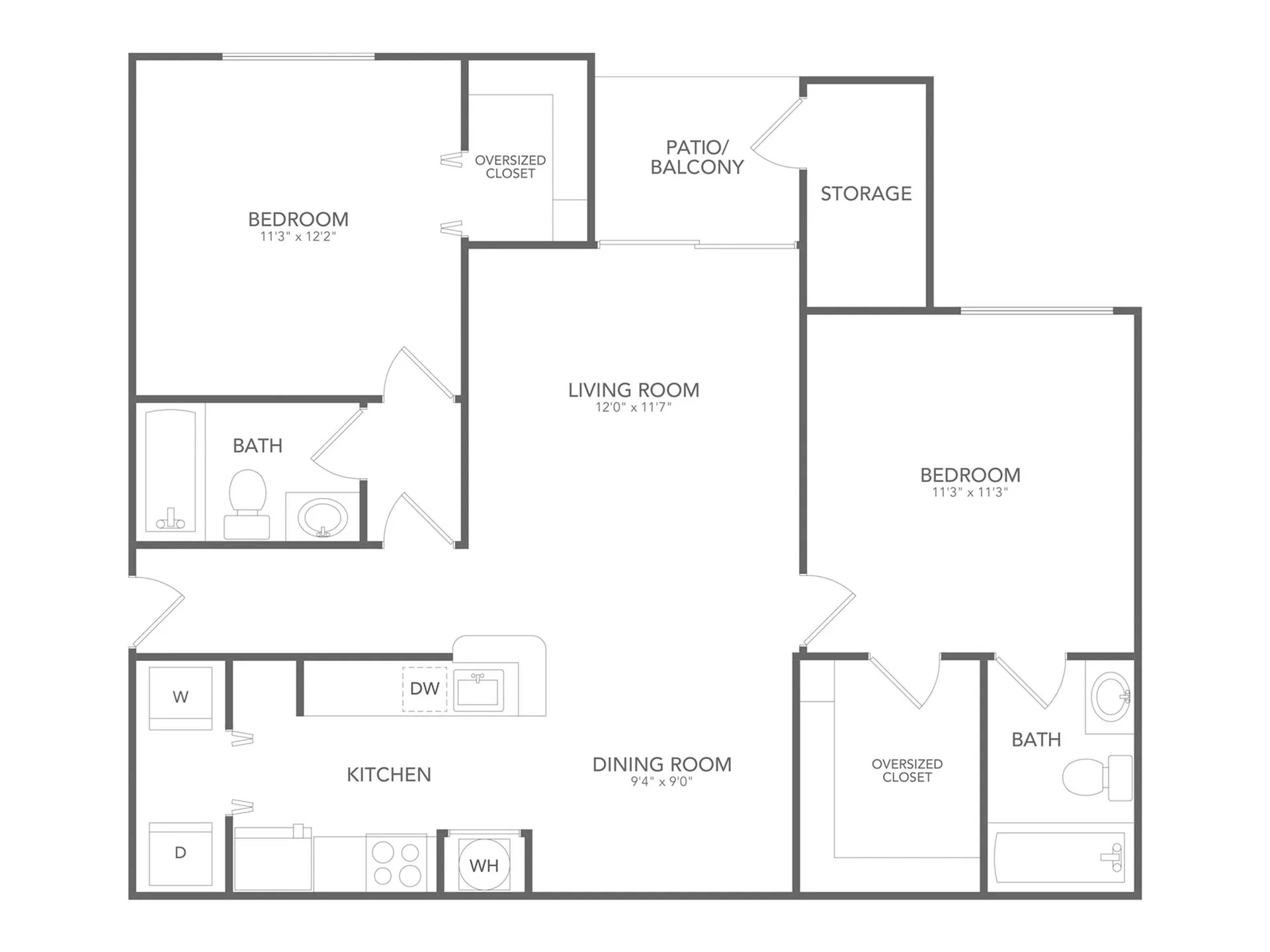 Modern 2D floor plan showcasing 2 spacious bedrooms, open kitchen, cozy living room, and a patio with additional storage.